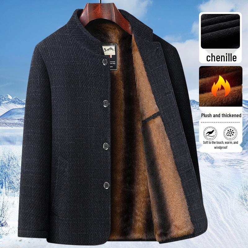 Men's Winter Wool Coat: Dad Style Stand Collar, Plus Velvet Thickened, Mid-Length Jacket for Middle-Aged and Elderly.