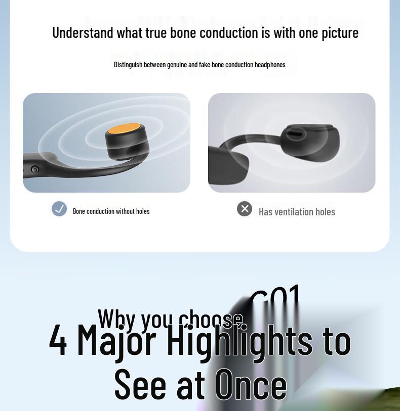 G01 Bone Conduction Bluetooth Earphones - Wireless, Lightweight, Ear-Hook Design for Running and Sports with Long Battery Life.