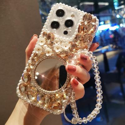 Apple 15promax Mobile Phone Case Makeup Mirror for Iphone17/14pro Pearl Rhinestone Soft Case Bracelet