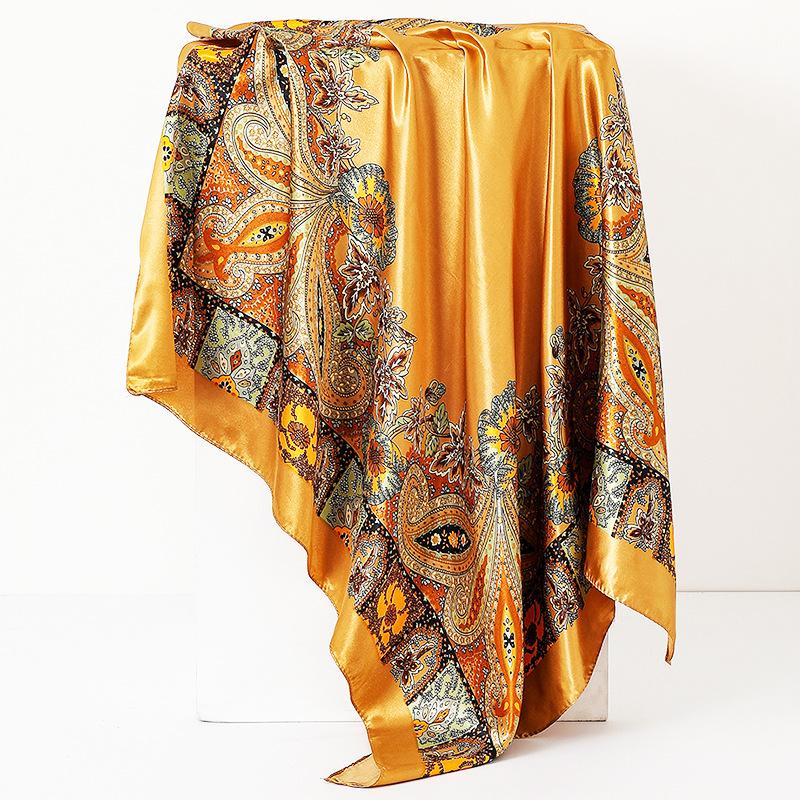 Elegant Silk Satin Scarf with Fashionable Floral Pattern, 90x90 Cm