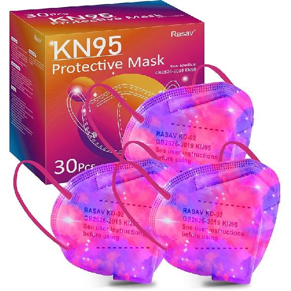 Rasav KN95 Face Masks, Comfortable 5 Layer Cup Dust Safety Mask, Muti-colored Design KN95 Mask for Women, Men 30 Pack-pink