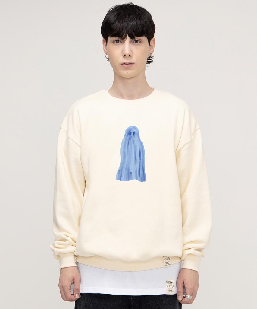 GRAVER [Unisex] Ghost Center Sweatshirt_Cream/Blue Logo