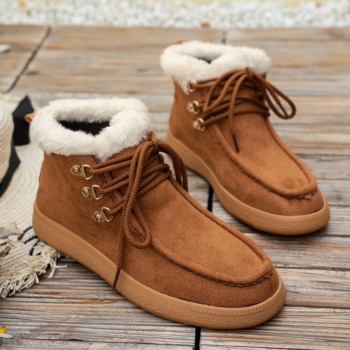 

Suede velvet lace-up foreign trade snow boots 2025 winter warm thick-soled large-size thickened British short boots women 42 светло-коричневого