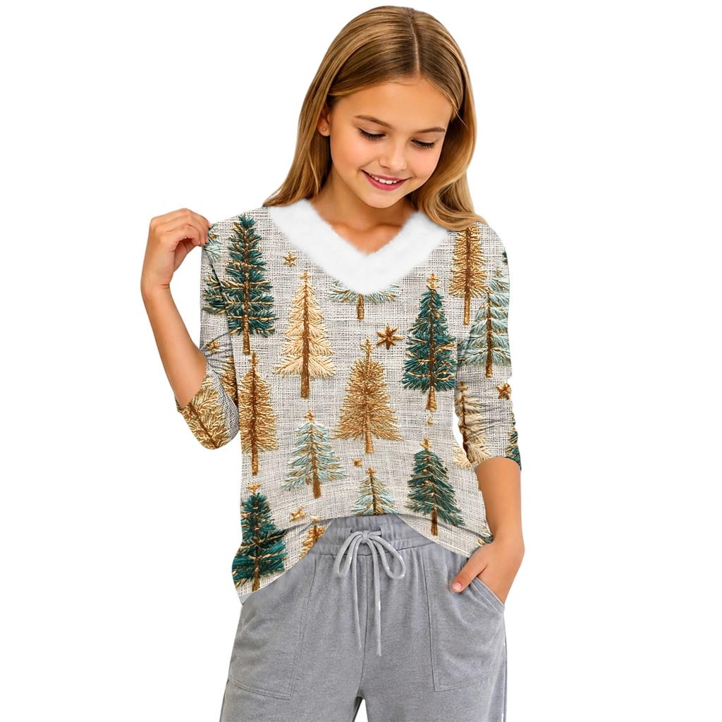 Girls V-neck Casual Top with Christmas Print Winter Holiday Pullover for Kids