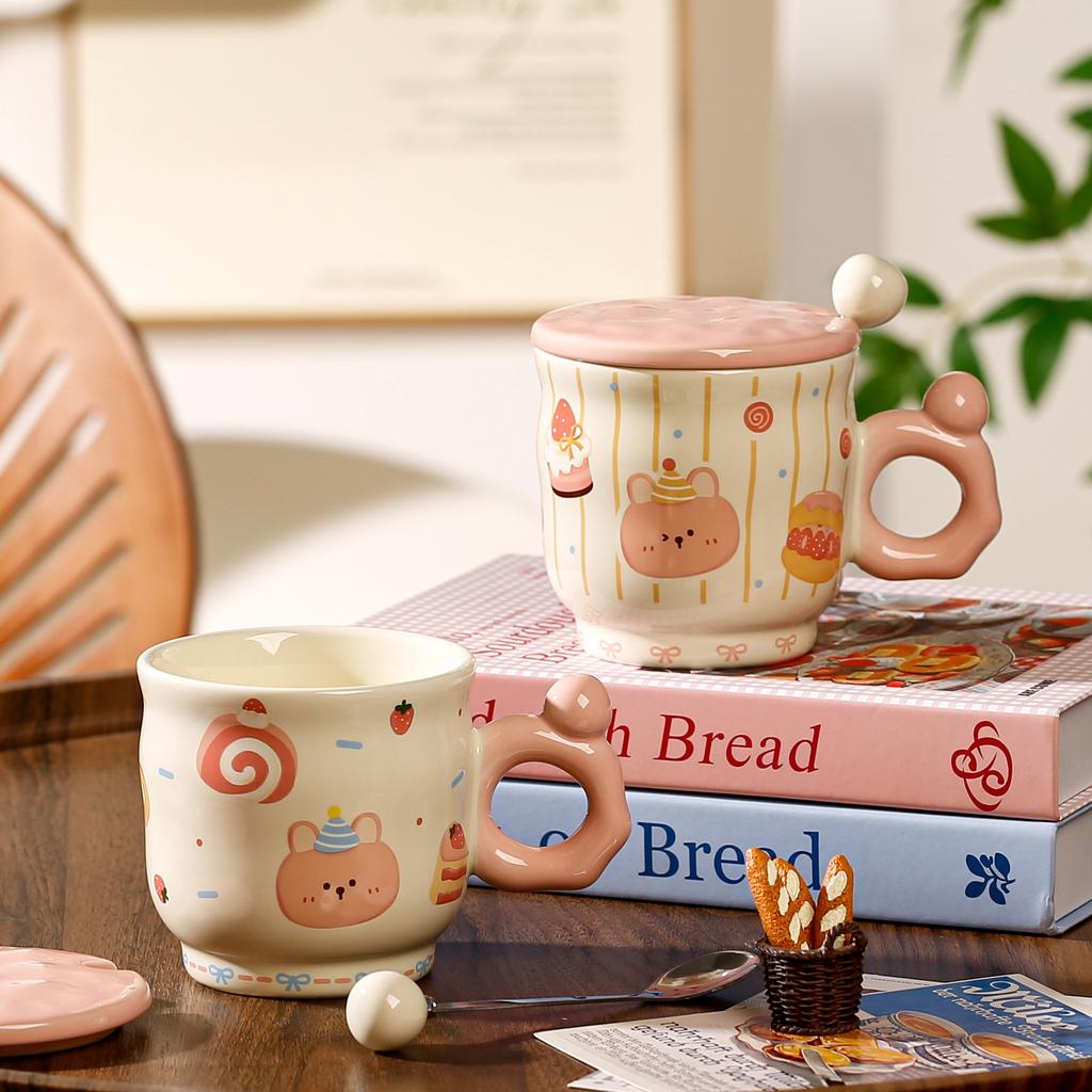Cute Ceramic Mug Couple Cartoon Drinking Water Cup with Lid Spoon Office Birthday Gift Dessert Bear Cup