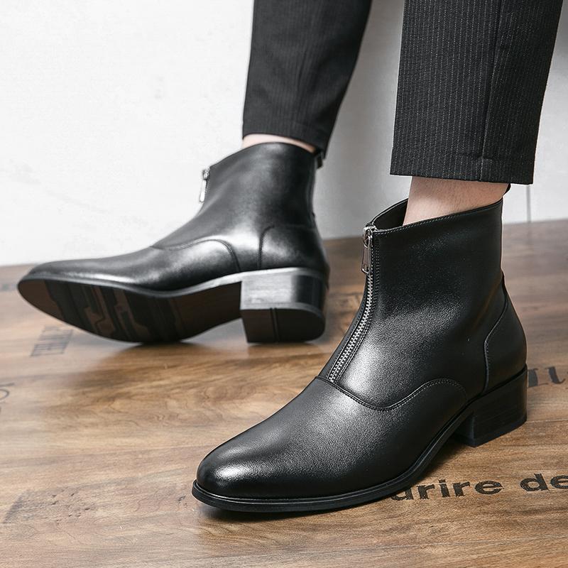Fashion Designer Brand Men's Genuine Leather Shoes Fashion High Top Shoes Men's Short Boots Zipper Pointed Cotton Shoes New Boots