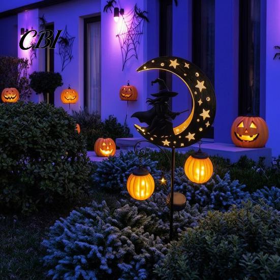 Halloween Porch Lighting Decor Solar Witch Pumpkin Moon Garden Stake Light, Waterproof On Crescent Black Cat Lanterns with Lantern, Outdoor