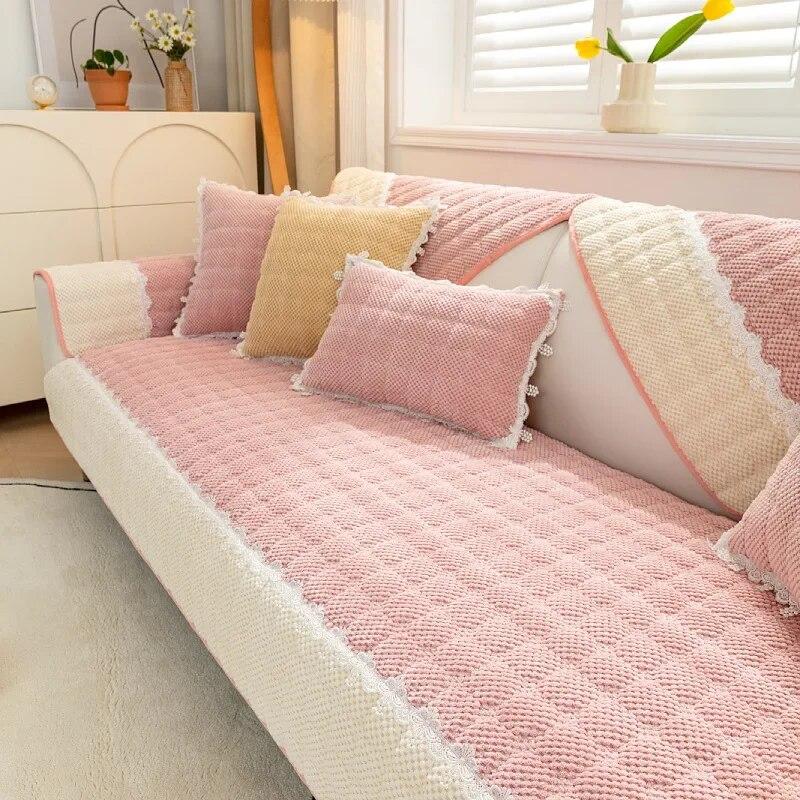 Winter Thicken Plush Sofa Cover White Wide Edge  Chaise Lounge Sofa Towel Mat Modern Non-Slip Couch Cover Cushions Living Room