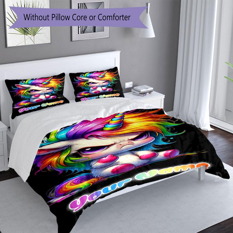 3PC Custom Name Rainbow Unicorn Fantasy Bedding Set Printed Bedding Set Duvet Cover Closure Includes 1 Duvet Cover & 266 Pillowcases for Bedroom