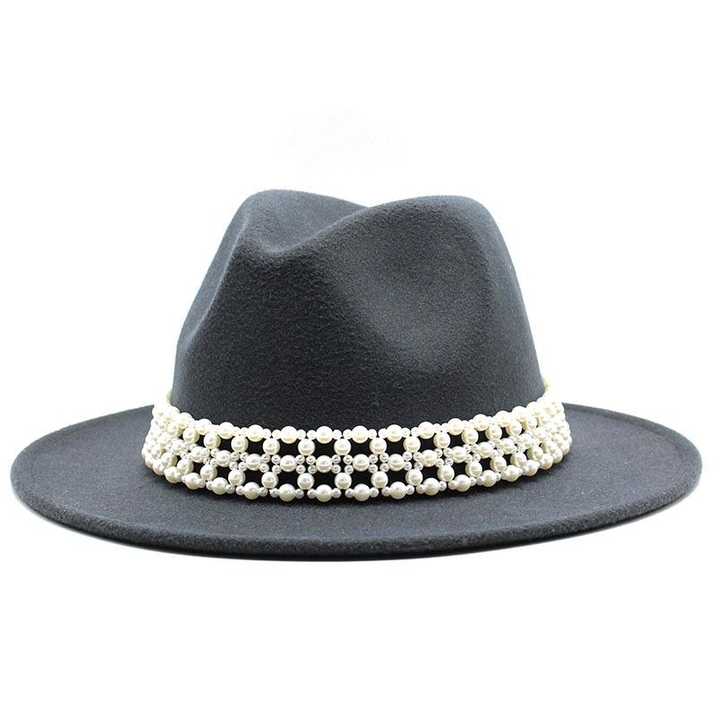 High-Grade Pearl Woolen Top Hat, Flat-Brimmed Big Eave Hat, Versatile Straight-Brimmed Jazz Hat