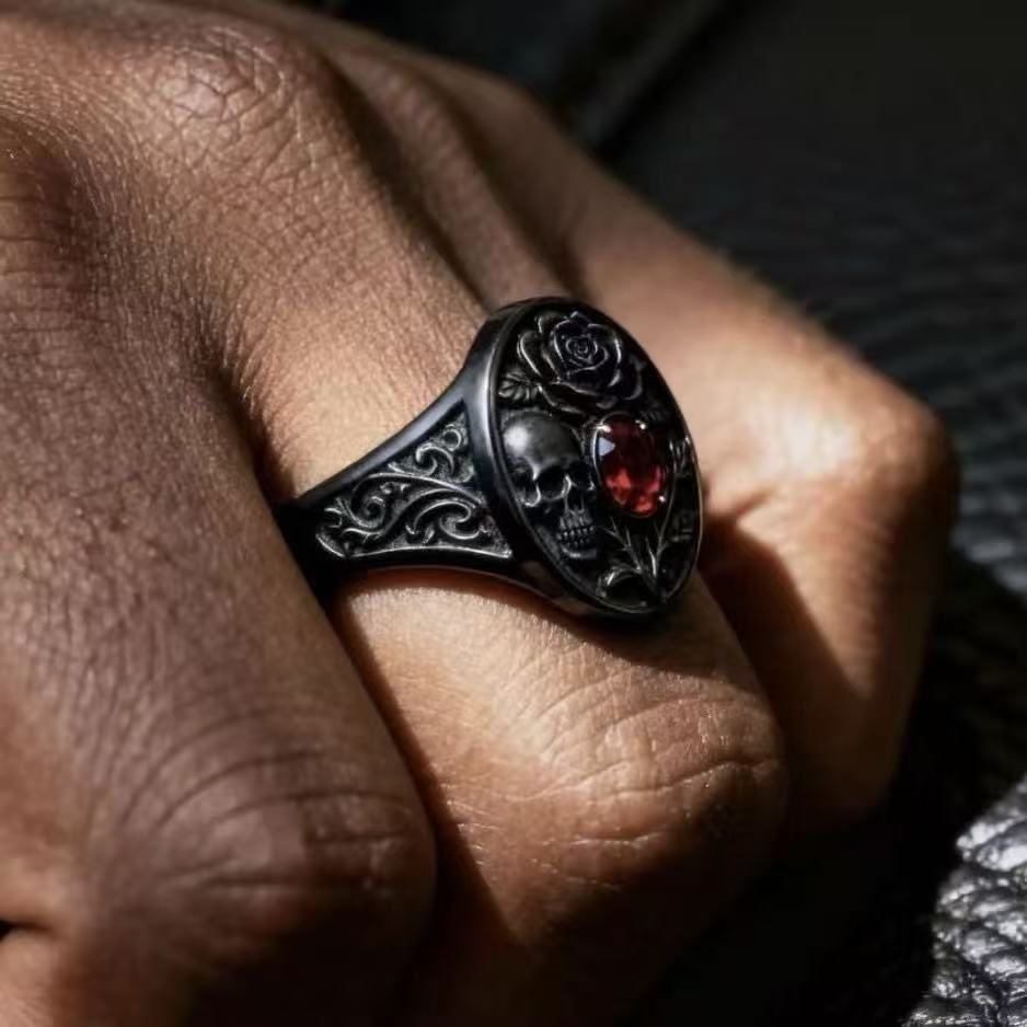 Luxury 2026 New Plated Gun Black Skull Ring, Rose Shape Ladies Retro Halloween Ornament