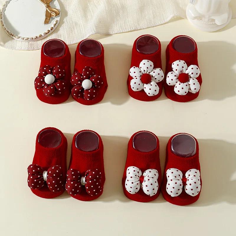 Baby Socks Christmas New Year Newborn Infant Flower Bow Ankle Socks Anti Slip Rubber Soles Baby Girl Indoor Floor Socks