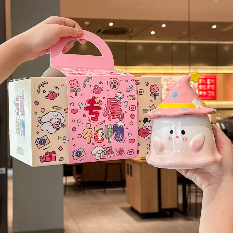 Søt og morsom spøkelseskopp, keramisk jentekopp med lokk, suvenir, praktisk gaveeske til gutter, bursdagsgave.