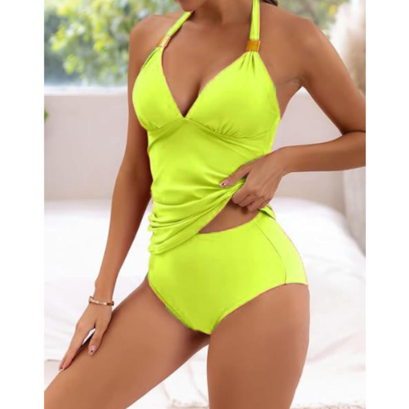 Halter V Neck Two Piece Set Tankini, Solid Color Stretchy High Cut Swimsuits, Women's Swimwear & Clothing