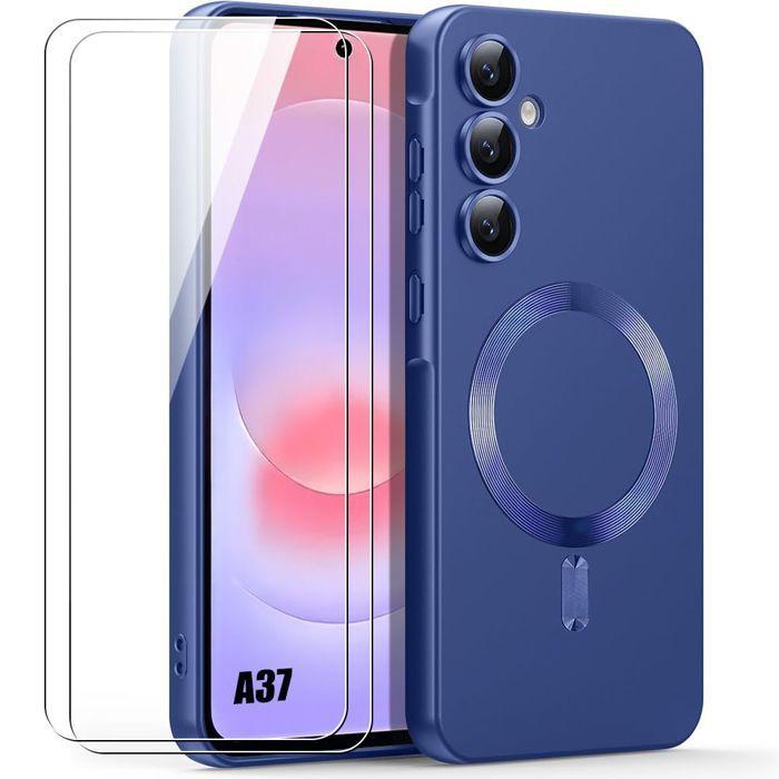 Coque pour Samsung Galaxy A37 5G, Silicone avec Magnétique - Bleu Marine - 2 Verres Trempés