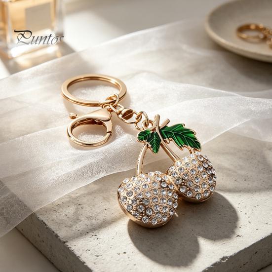 Decorative Cherry Keychain Double Rhinestone Keychain, Oil Dripping Green Leaf Fruit Compact Key Decor Car Ring, Accessories for Handbags Backpacks