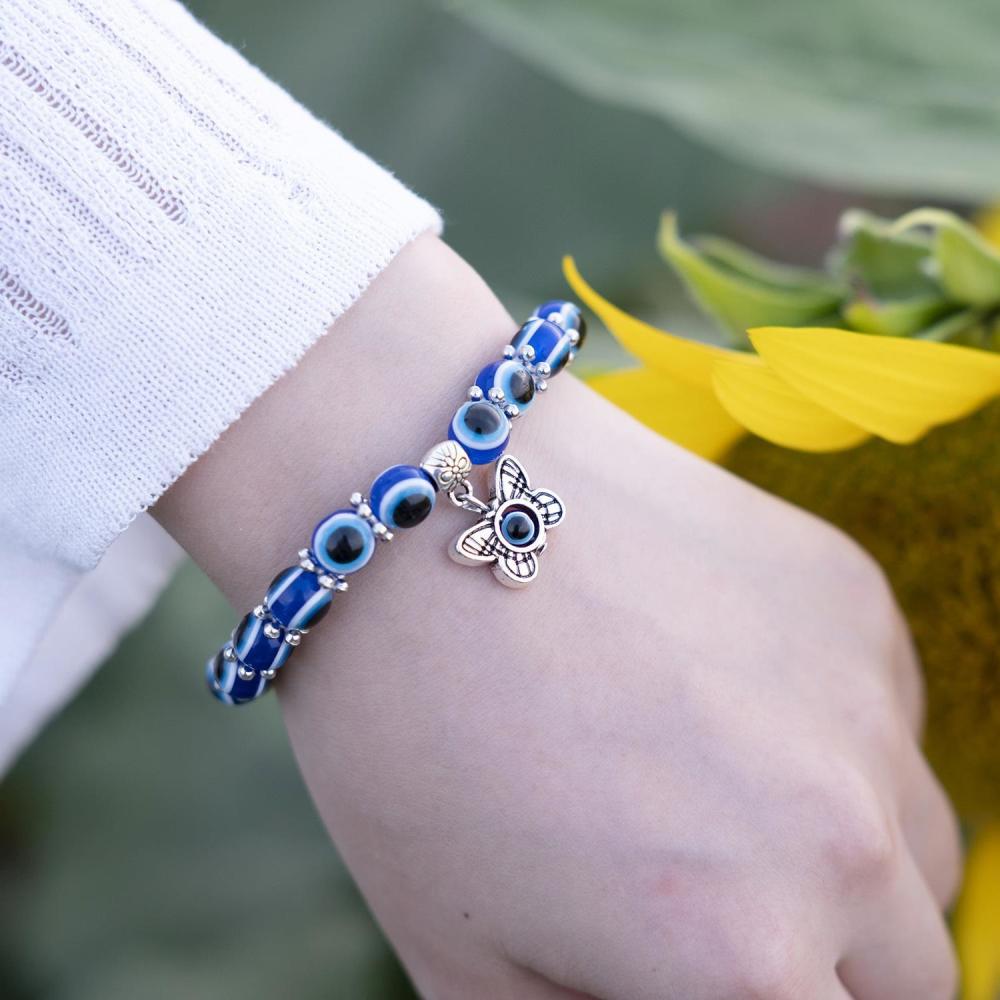 Turkish Lucky Evil Eye Bracelets for Men Women Blue Evil Eye Palm Butterfly Pendant Beads Bracelet Bangle Handmade Charm Jewelry