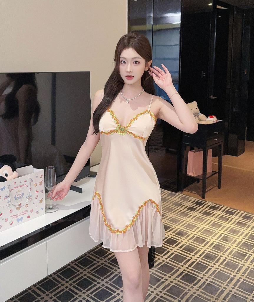 New female sexy ice silk suspender nightdress thin summer pajamas pure temptation embroidered lace mesh loungewear