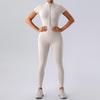 European & American Nude Feel Short Sleeve Yoga Jumpsuit - Women's Fitness Bodysuit with Zipper & Long Pants