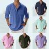 Camisa de Algodón de Manga Larga para Hombre, Verano, Casual, Holgada, Cuello Mao, Color Sólido, Talla Extra Disponible
