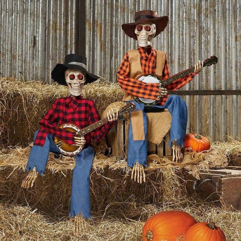 Animated Motion Sound Activated Musical Multi Lingual Banjo Skeletons Duo Halloween Fall Indoor Glowing Skeleton Skeleton Decor