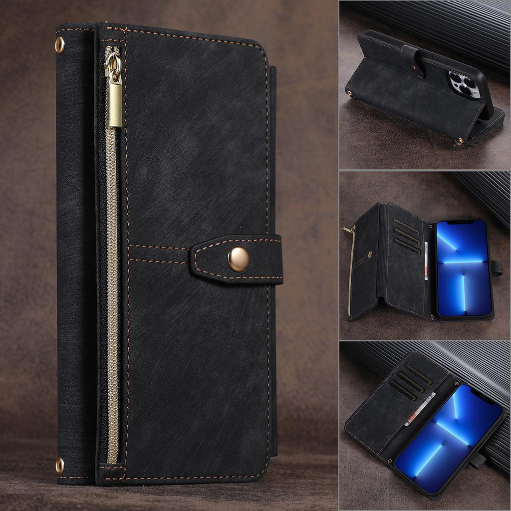 Reißverschluss-Brieftasche, Kartenhalter, Schlüsselband aus Leder für iPhone 14 Plus13 12 11 Pro Max XSMAX für Samsung S23 S22 S21 S20 Ultra Plus Note20Ultra A13 A53 A14 A54