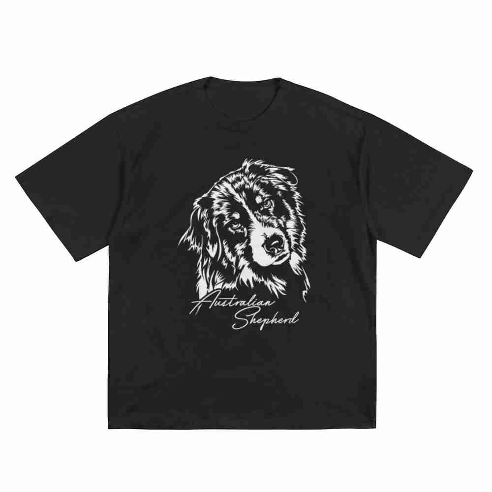 Australian Shepherd Dog Portrait Cursive Text Short Sleeve Tee  Cotton TShirt