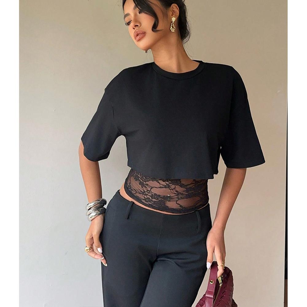 

Women s Sexy Lace Panel Cropped Tee Black Sheer Mesh Insert Short Sleeve Crop Top Club Party Outfits 2XL чорний
