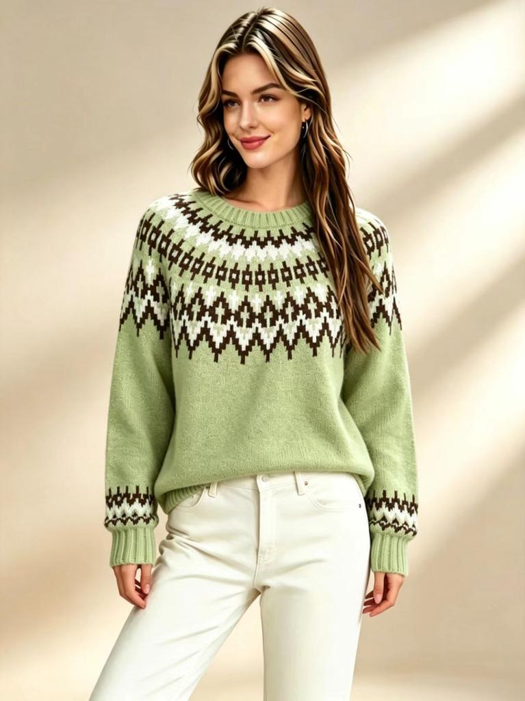 2026 Autumn and Winter Retro Fair Island Jacquard Crew Neck Sweater Women's Loose Lazy Soft Waxy Knitted Sweater Jumper