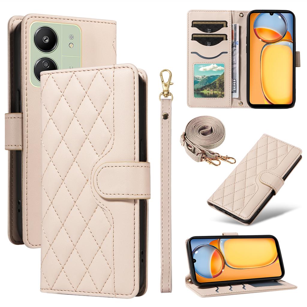 For Xiaomi Redmi 13C 5G/13C 4G/13R 5G/ Poco C65 4G/Poco M6 5G Case Wallet Rhombus Leather Phone Cover with Shoulder Strap,Wrist Strap