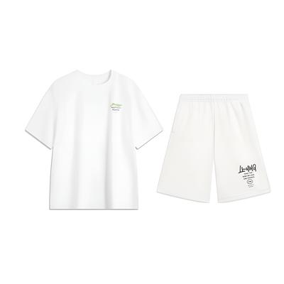Li Ning Logo Print Simple Comfortable Versatile Crew Neck Pullover Short Sleeve T-Shirt Casual Sports Set Unisex Tops White AHSU651-1+AKST593-7