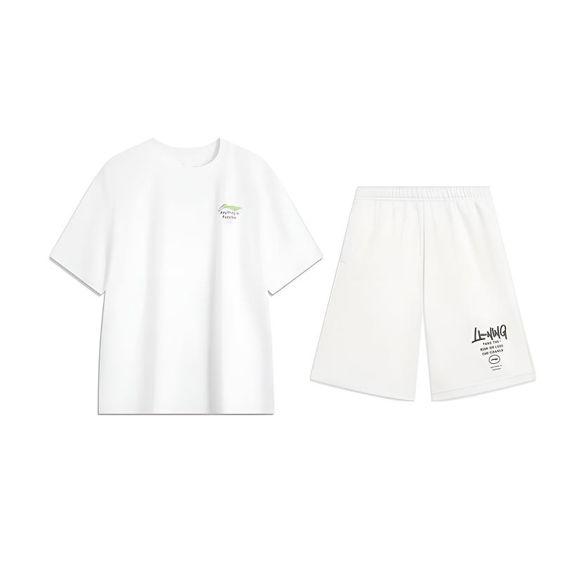Li Ning Logo Print Simple Comfortable Versatile Crew Neck Pullover Short Sleeve T-Shirt Casual Sports Set Unisex Tops White AHSU651-1+AKST593-7