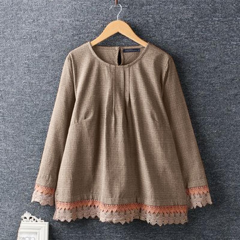 

ZANZEA женские осенние блузки с круглым вырезом и длинным рукавом из кружева и ажурной клетчатой ткани 4XL коричневый