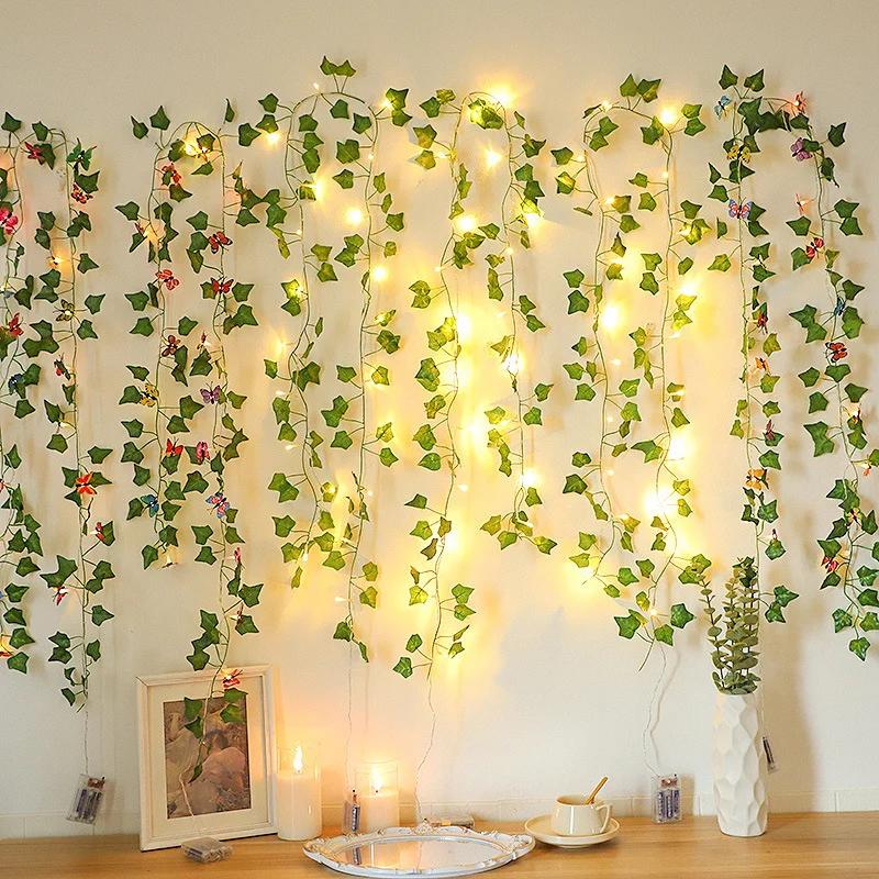 1/4/8PCS 2M Climbing Rattan Light String Willow Leaf USB Outdoor Copper Wire Rattann  Wedding Party Decorative LED String Light
