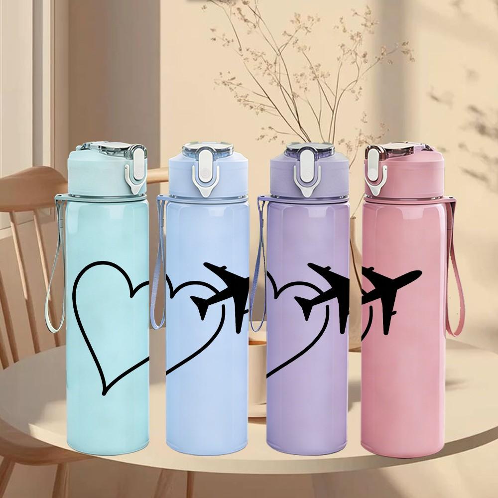1PC Heart Airplane Minimal Line Art 750ml Color Plastic Sports Water Bottle Leakproof Flip Straw Lid Suitable for Sports Office Home Use