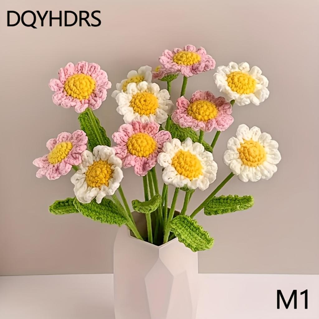 5 Pcs Hand Crocheted Artificial Sunflower Daisy Bouquet, Knitted Fake Flowers For Wedding Mother's Day Home Office Decoration Without Vase