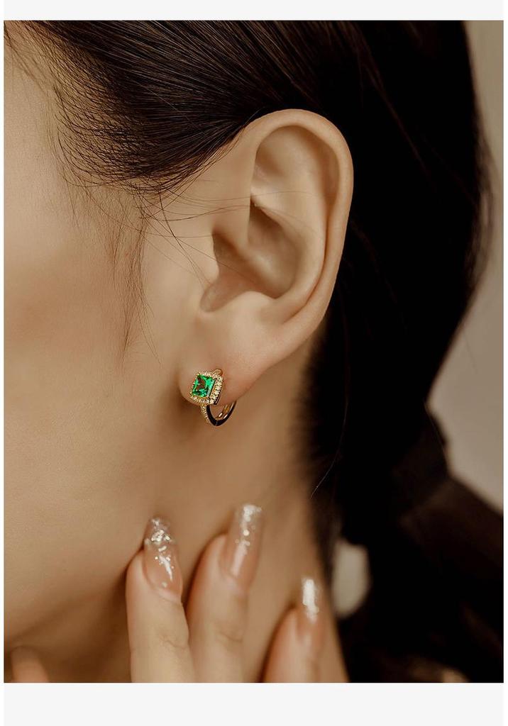 18K Gold-Plated S925 Sterling Silver Ear Cuffs with Green Square Zirconia - Luxury Retro Earrings for Women