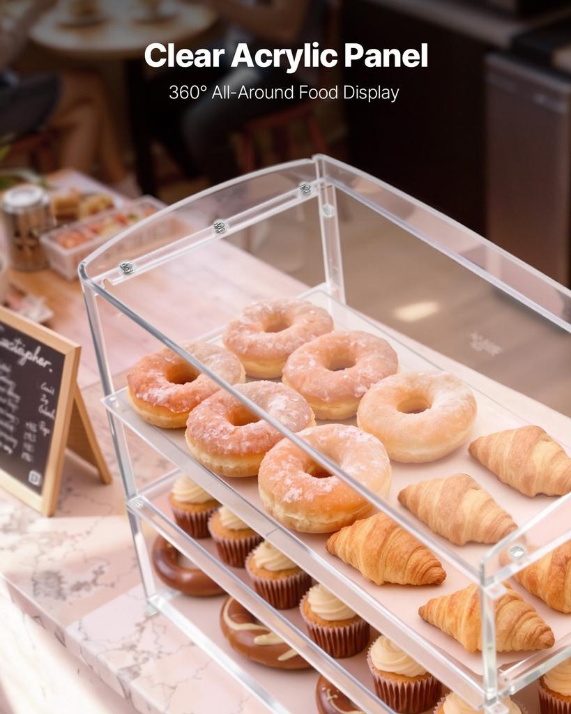 Bakery Display Case, 3-Tier Commercial Countertop Pastry Display Case, Clear Acrylic Bread Box for Kitchen, Party Cake Cabinet with Flip-Up Door for