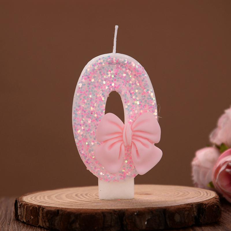 Cute Pink Bow Cake Number Candles Glitter 0-9 Digital Cake Toppers Kids Girls Birthday Party Cupcake Dessert Decoration Favors