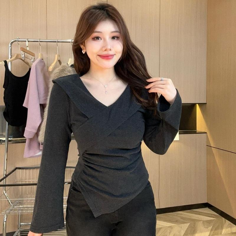 

Korean Niche Women s Clothing Design Irregular Long-sleeved Spring and Autumn Fashionable Waist Tops M серый