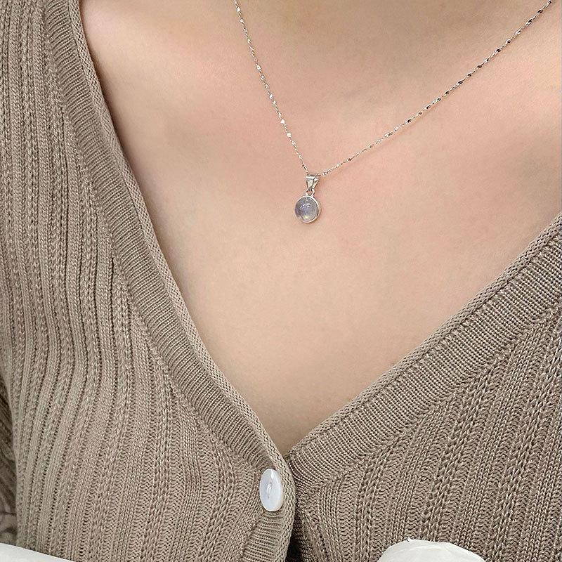Full Body Grey Moon Bead Necklace Geometric Circular Pendant with Collarbone Chain Temperament Korean Version Neck Chain Female
