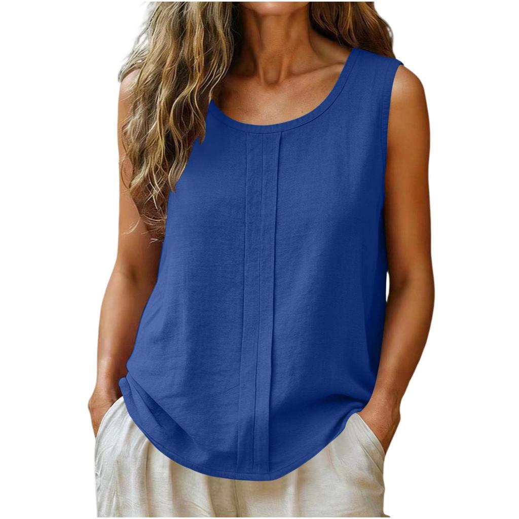 Women Sleeveless Linen Cotton Casual Tank Top Loose Fit Round Neck Lightweight Blouse for Summer Daily Wear