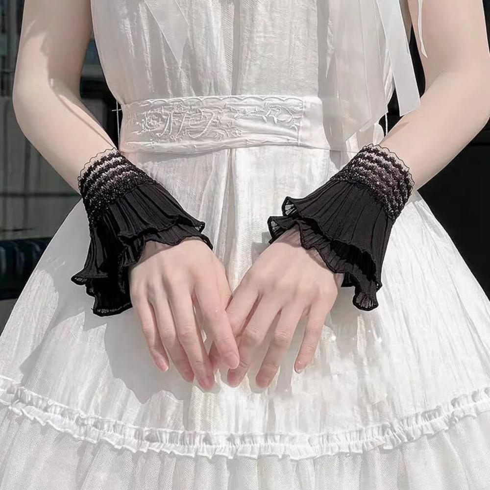 Steampunk Lolita Hand Sleeve Wrist Cuffs Lolita Short Hand Sleeve Gloves Ruffled Floral Lace Elastic Bracelet Clothing Accessory