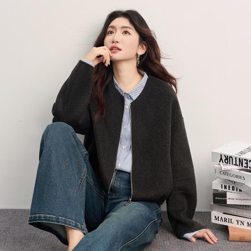 Sllsky Women's 100% Wool Double-Faced Short Coat