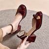 Mary Jane Women's Red Small Leather Shoes Summer New High-heeled Women's Shoes French Retro Round Head Thick Heel Four-season Wedding Shoes