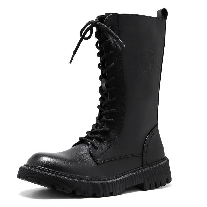 Fashion Men's High-Top Genuine Leather Boots British Style Casual Riding Boots Fashionable Motorcycle Boots Thick Sole Zipper Work Shoes