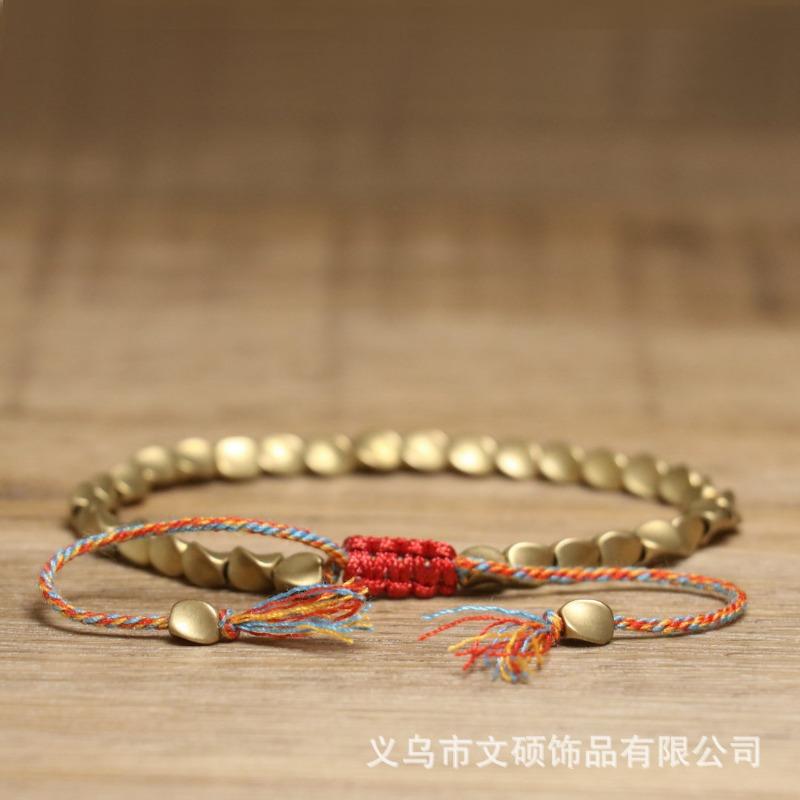 Matte Brass Teardrop Bead Bracelet – Red Knot Adjustable Boho Jewelry, Protection Luck Gift for Men & Women
