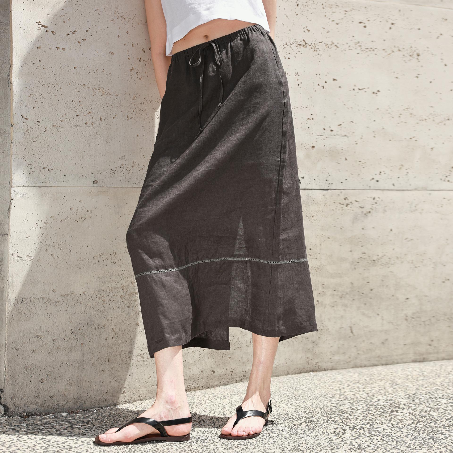 

Vintage A-line Pure Linen Patchwork Midi Skirt with Elastic Waist and Back Slit Large