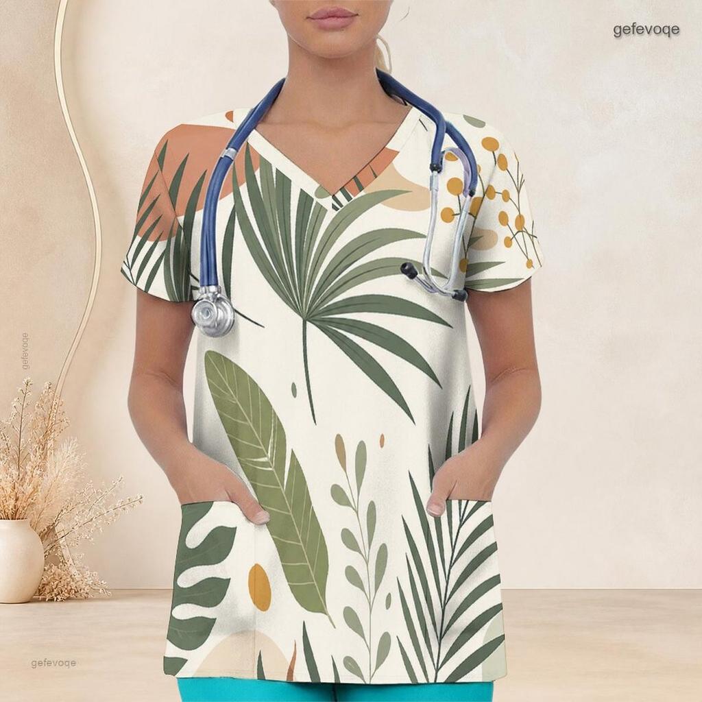 Women Plus Size Nurse Scrub Top V Neck Short Sleeve Tropical Leaf Printed With Front Pockets