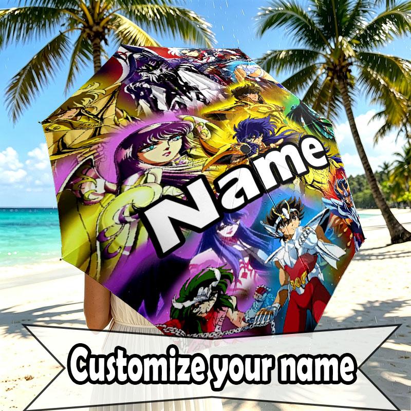 Custom Name Personalized Saint Seiya Print Umbrella, Auto Open Close, 8‑Rib Sturdy Frame, Commute Camping Hiking Use, Birthday Gift